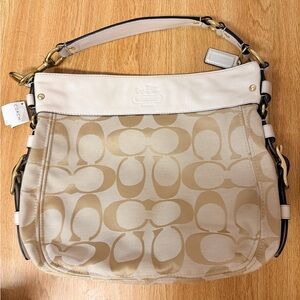 Never Used Vintage Coach Zoe Tan and Cream Large Signature Shoulder Bag